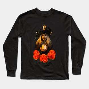 Sugar skull lady with candle and flowers Long Sleeve T-Shirt